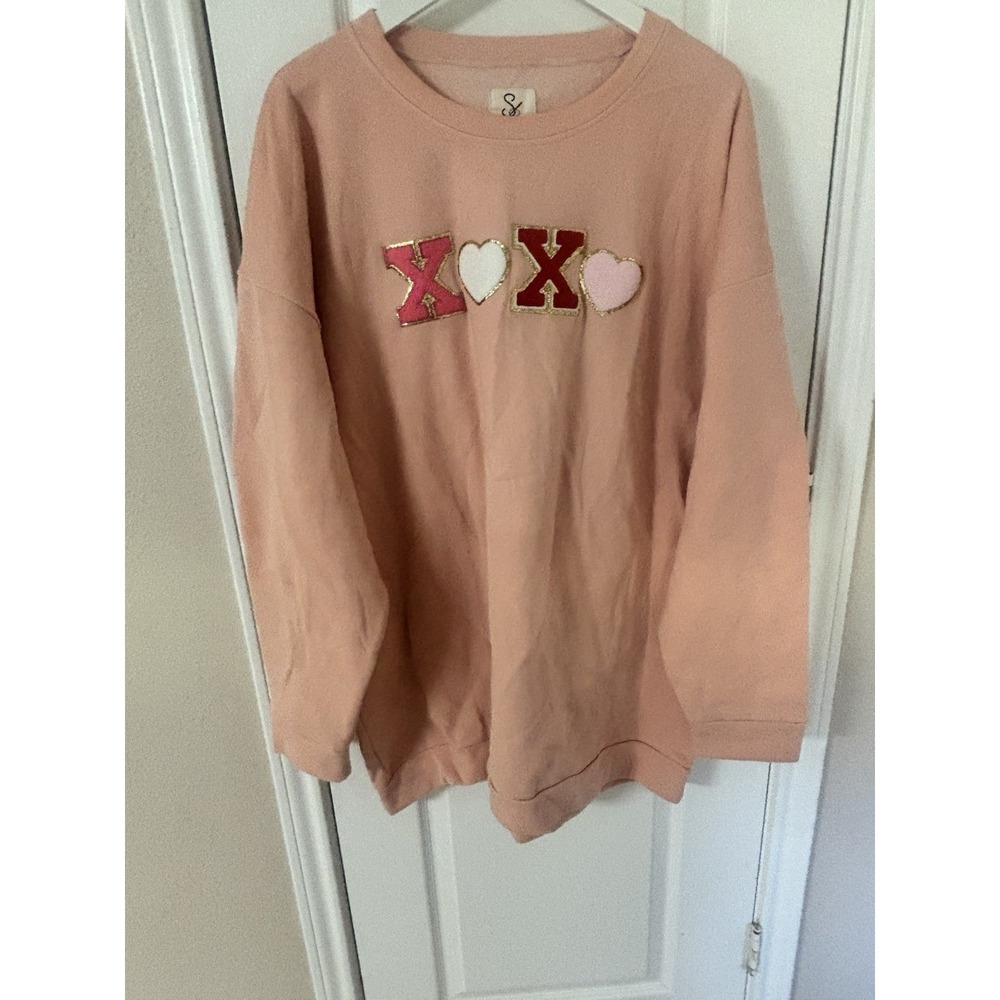 Sugar Stitch 4XL Valentine Pink XOXO Sequin Patch Crewneck Sweatshirt Plus Size
